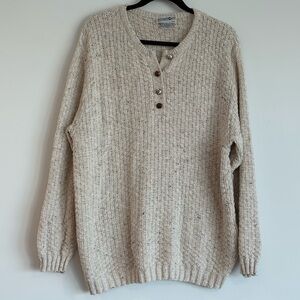 Vintage Oatmeal Knit Sweater with Faux Wood Button Detail